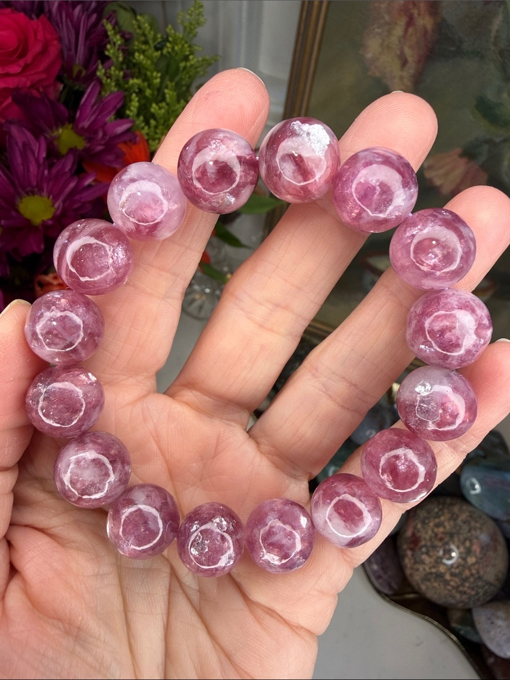Pink Lithium Mica Natural Stone Bracelet • 13mm • 7” • B1353